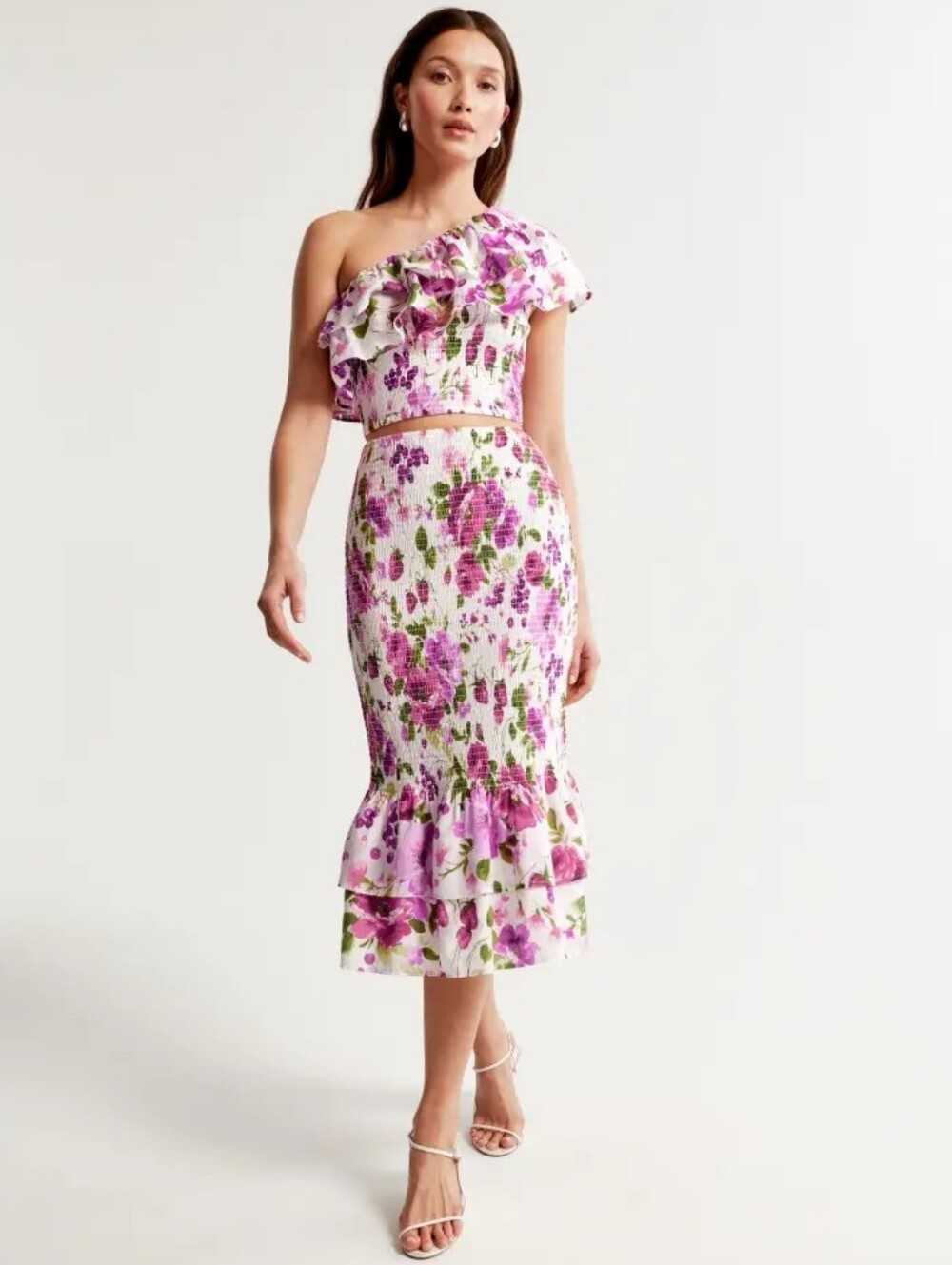 Abercrombie & Fitch Smocked One Shoulder Crop Top And Midi Skirt XL
